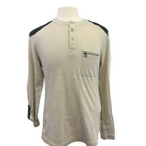 Montage Mens Thermal Henley Shirt L Tan Beige Snap Up Shoulder Embellishment Zip